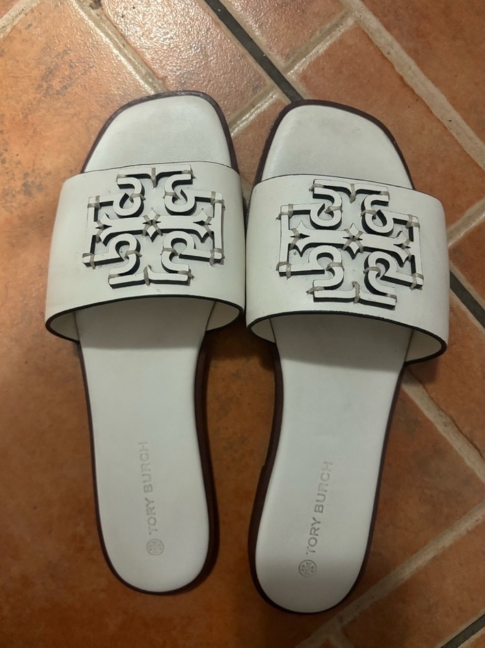 Tory Burch White Logo Cutout Slide Sandals
